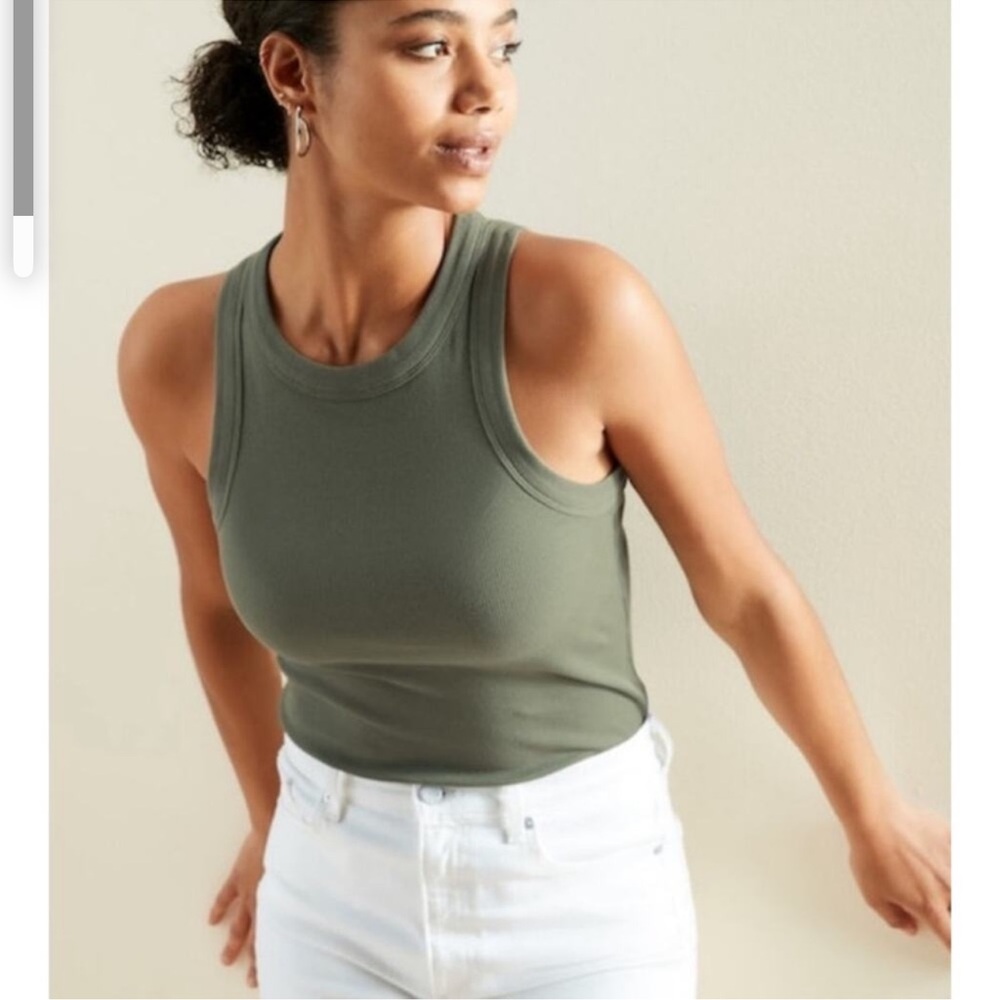 Banana Republic Women Rib Cut Earthy Olive Green Ribbed Cotton Fitted Tank Top M